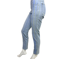 Side profile of Chanel Spring 2006 striped denim jeans in washed light blue stretch denim.