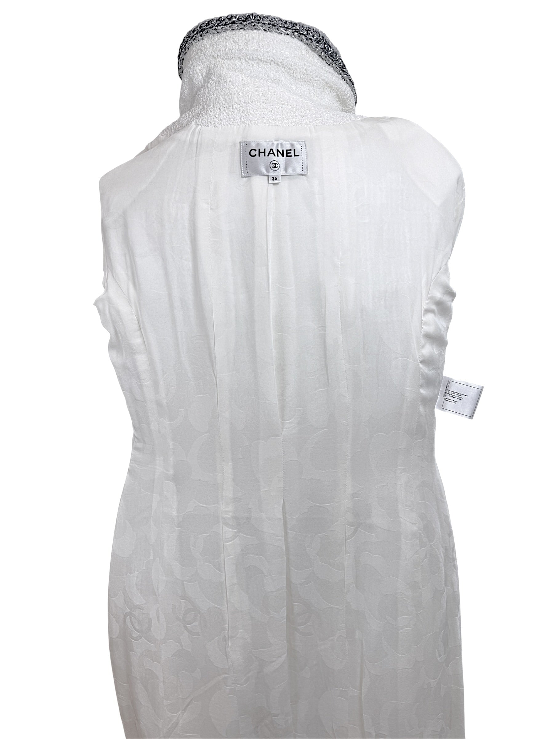 Interior silk CC jacquard lining inside authentic Chanel white bouclé tweed dress