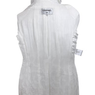 Interior silk CC jacquard lining inside authentic Chanel white bouclé tweed dress