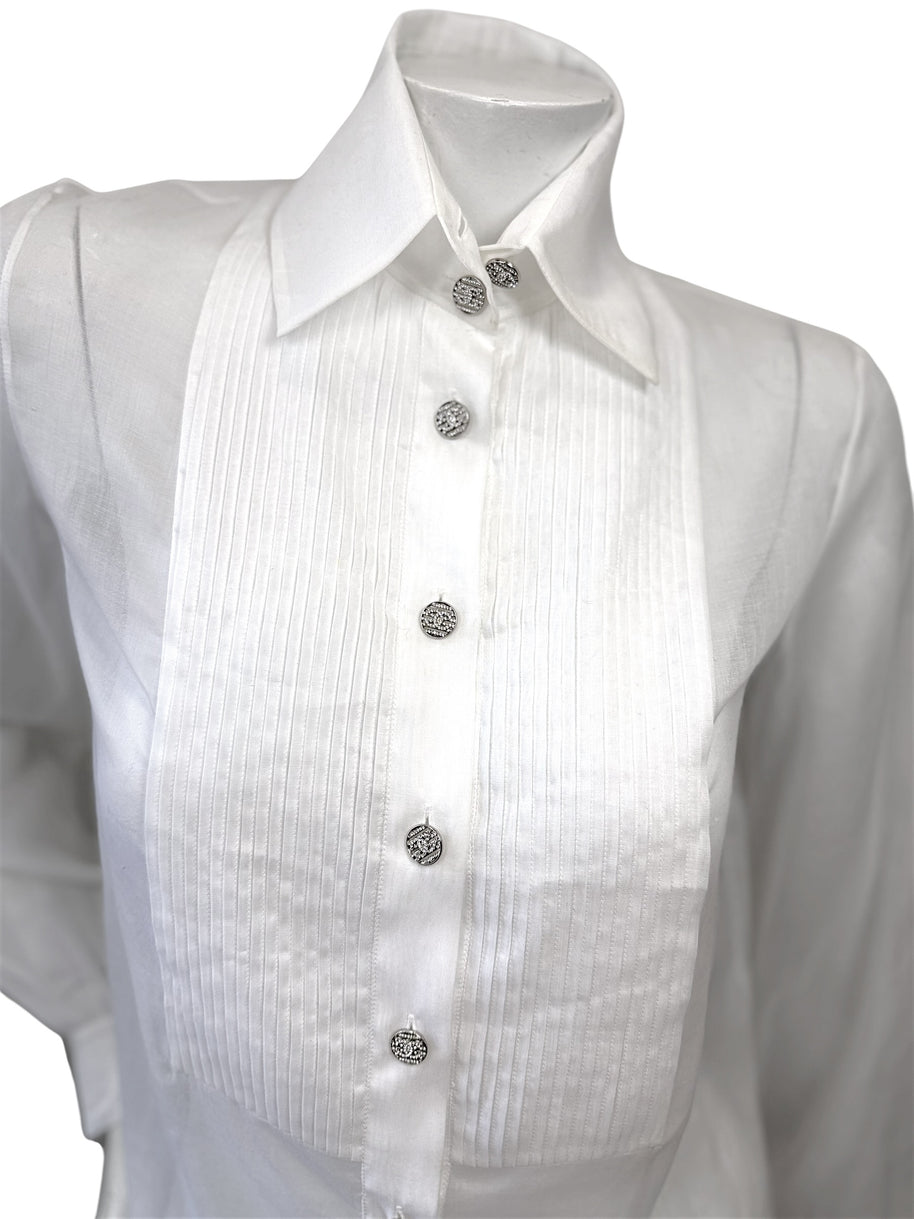 Chanel white silk tuxedo blouse pleated bib front and CC button detail