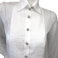 Chanel white silk tuxedo blouse pleated bib front and CC button detail