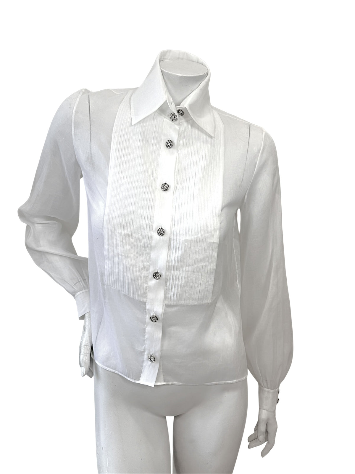 Chanel white silk pleated tuxedo blouse with CC buttons size 34 front view