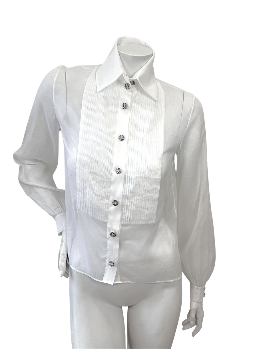 Chanel white silk pleated tuxedo blouse with CC buttons size 34 front view