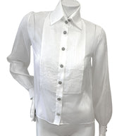 Chanel white silk pleated tuxedo blouse with CC buttons size 34 front view