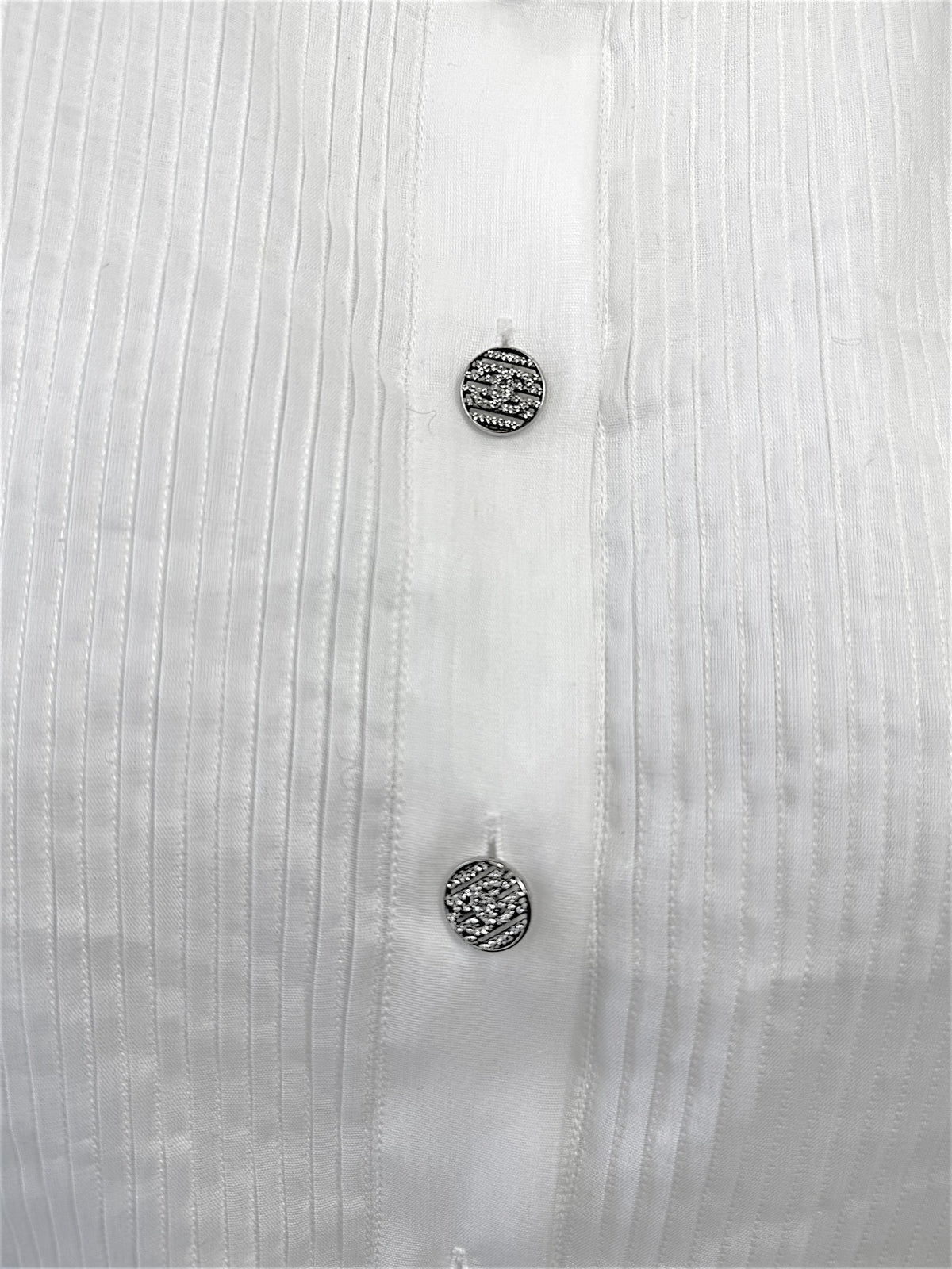 Chanel white silk tuxedo blouse jeweled CC buttons and pleated silk detail