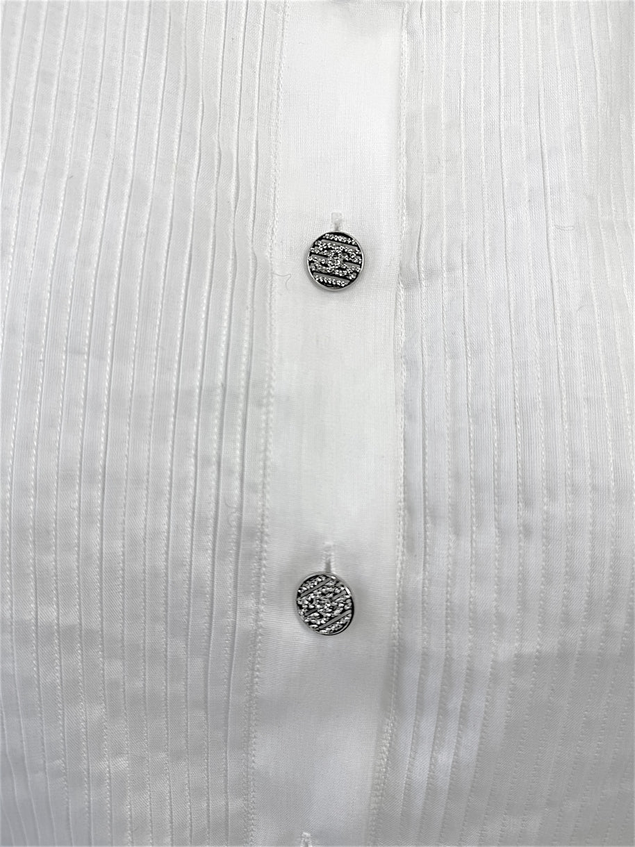 Chanel white silk tuxedo blouse jeweled CC buttons and pleated silk detail
