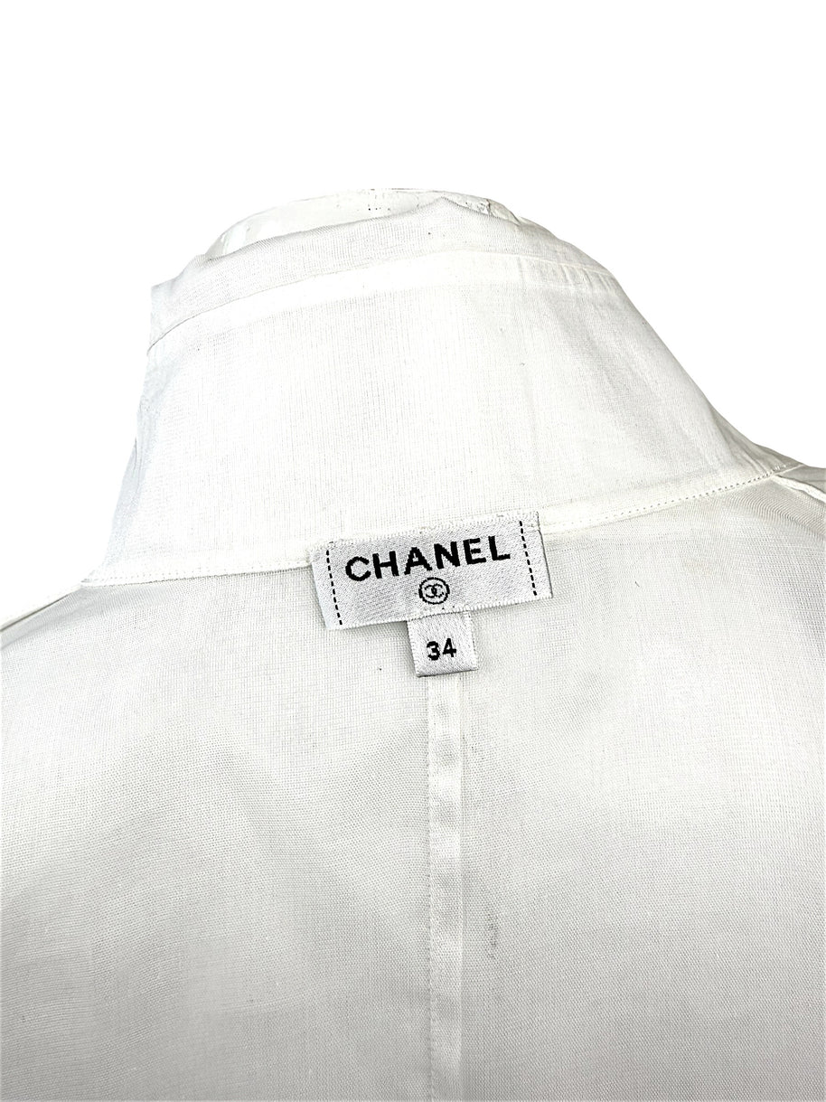 Chanel white silk tuxedo blouse interior Chanel label and neckline detail