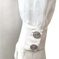 Chanel white silk tuxedo blouse cuff with jeweled CC button detail