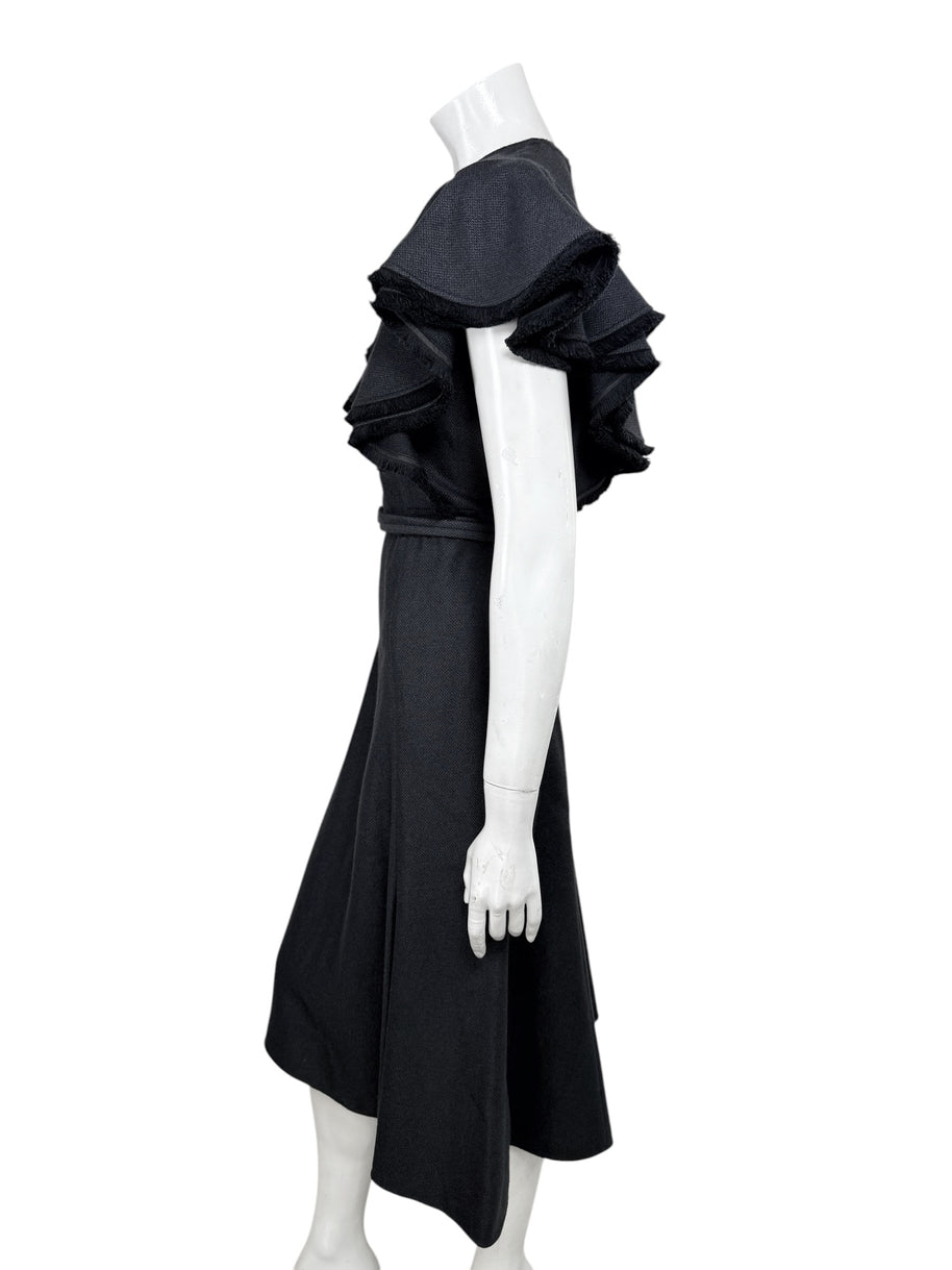 Chloé black FR 38 midi dress with fringed cascading ruffles and A-line skirt, side profile