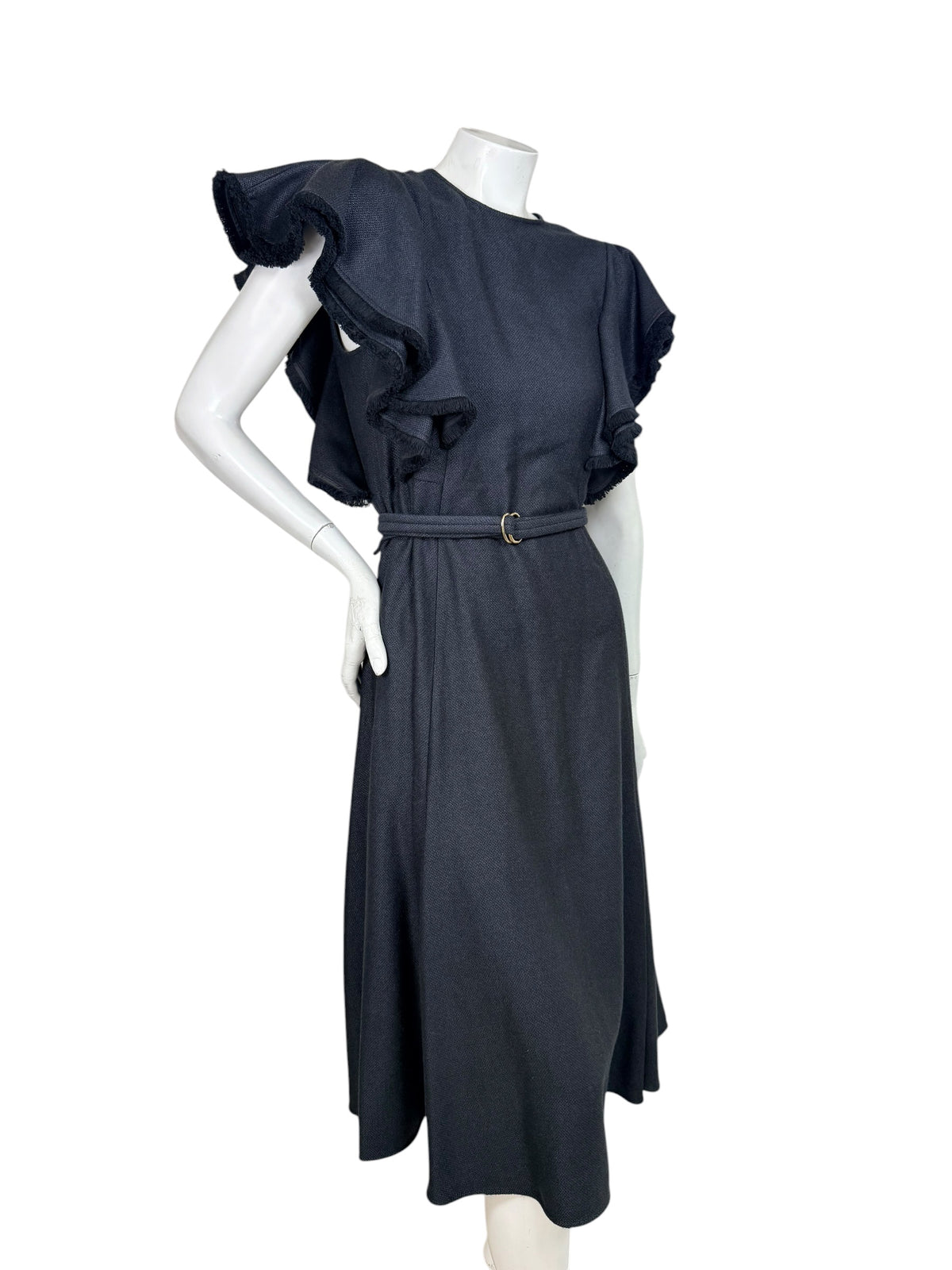 Chloé black ruffle belted midi dress FR 38 in silk wool blend, front angled view