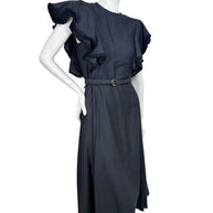 Chloé black ruffle belted midi dress FR 38 in silk wool blend, front angled view