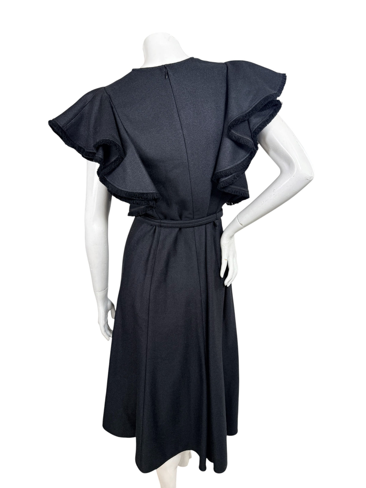 Chloé black silk wool midi dress with dramatic layered ruffle sleeves and belted waist, back view