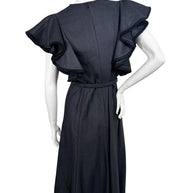 Chloé black silk wool midi dress with dramatic layered ruffle sleeves and belted waist, back view
