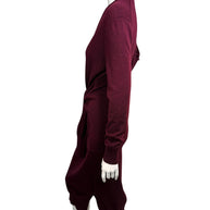 Opposite side profile of Chloé Burnt Mahogany wool knit midi dress featuring long ribbed cuffs, integrated tie waist and layered sweater construction.
