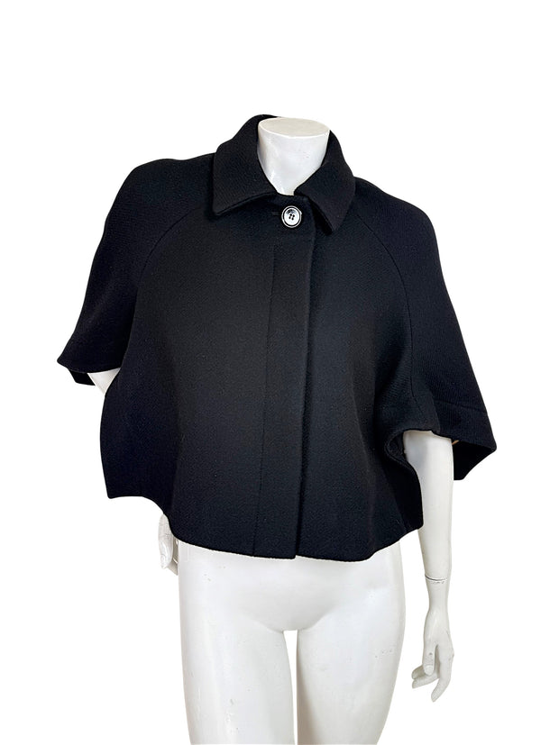 Chloé Fall 2013 black virgin wool cropped cape jacket FR 36 front view with structured collar and button closure
