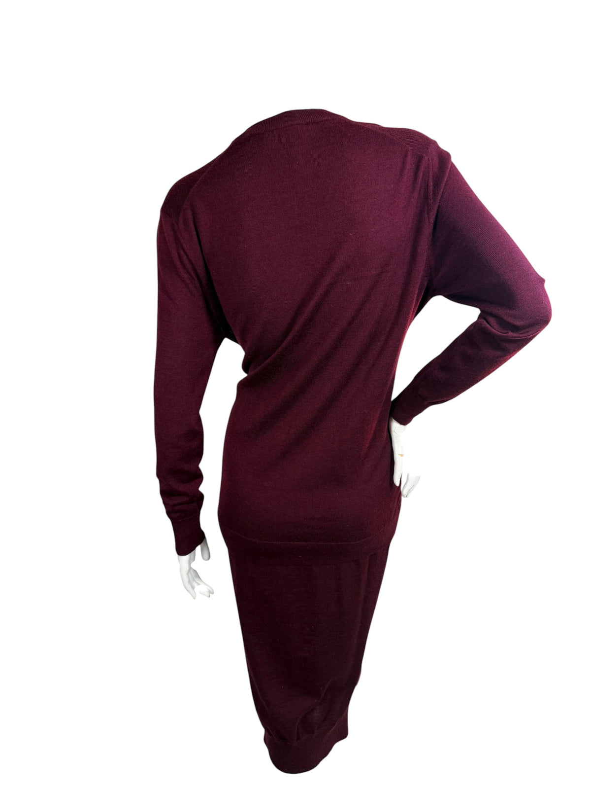 Full rear view of Chloé Fall 2019 Burnt Mahogany wool sweater midi dress showing smooth knit back, long sleeves and straight skirt silhouette.