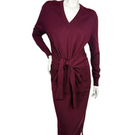 Chloé Fall 2019 Burnt Mahogany burgundy wool sweater midi dress featuring a V-neck, long sleeves and integrated tie-front waist, full front view.