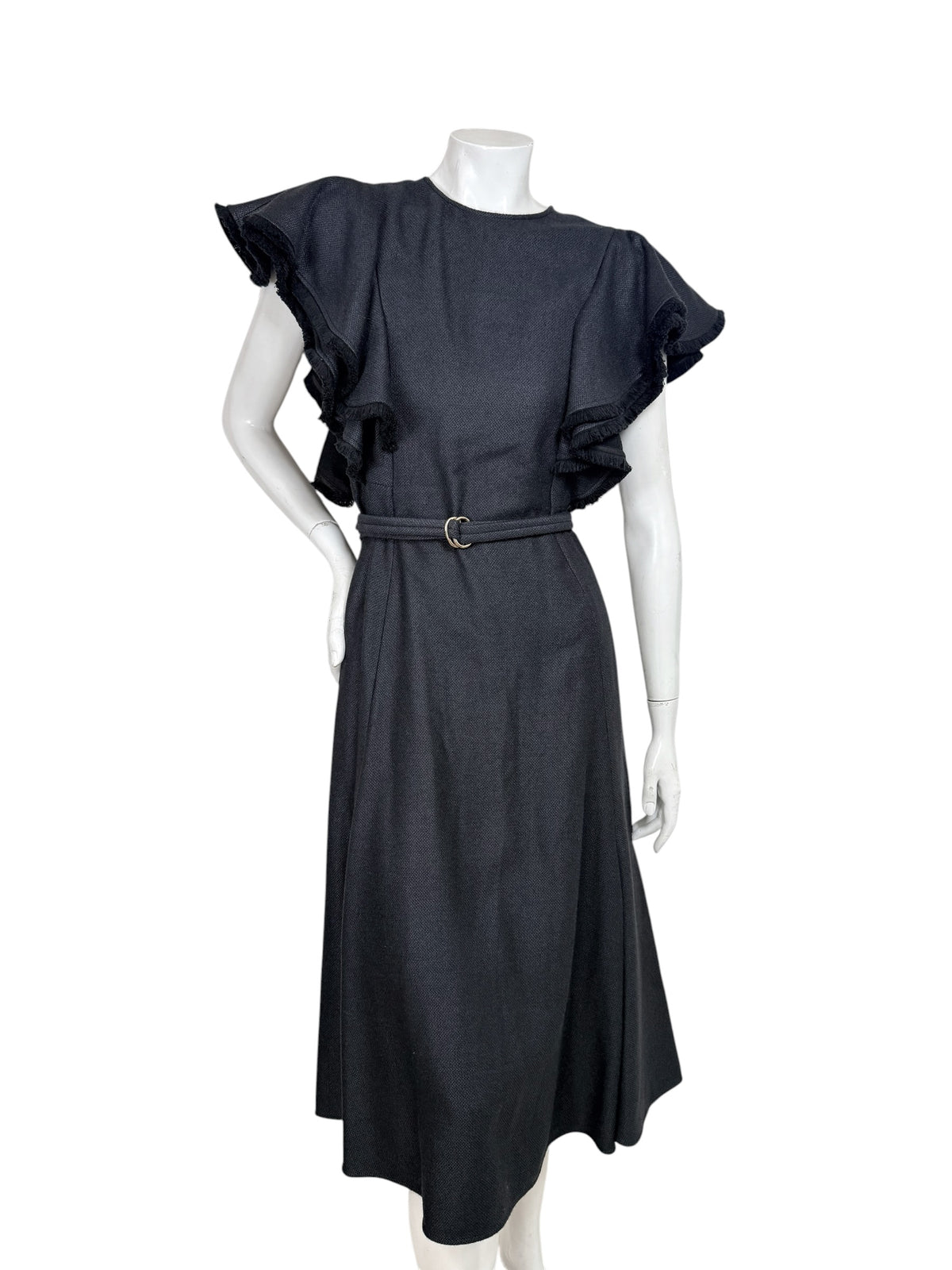 Chloé Fall 2022 black silk wool midi dress with cascading ruffle sleeves and belted waist, front view