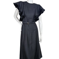 Chloé Fall 2022 black silk wool midi dress with cascading ruffle sleeves and belted waist, front view