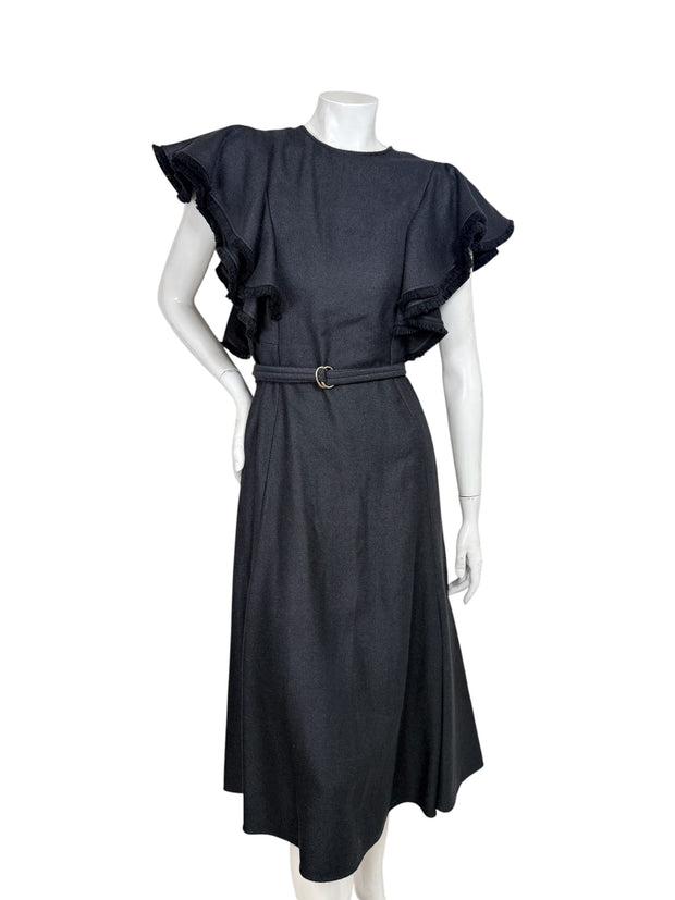 Chloé Fall 2022 black silk wool midi dress with cascading ruffle sleeves and belted waist, front view