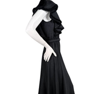 Chloé Fall 2022 black midi dress with layered cape ruffle sleeves and fringed trim, side view