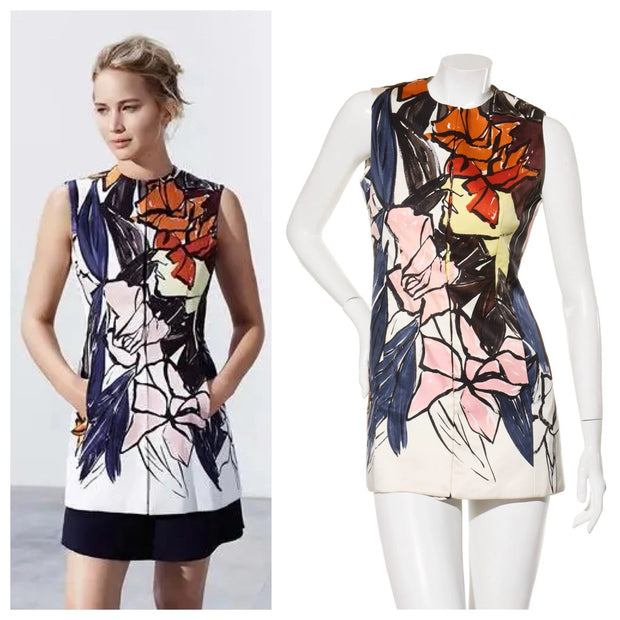 Jennifer Lawrence wearing the Christian Dior Cruise 2015 Raf Simons printed silk dress