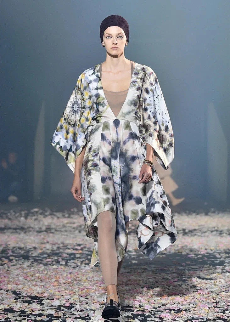 Christian Dior Spring 2019 runway look featuring kaleidoscope print silk dress