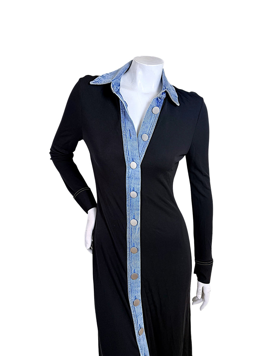 Christopher Esber black maxi shirtdress with blue denim trim and partially open button-front collar