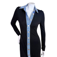 Christopher Esber black maxi shirtdress with blue denim trim and partially open button-front collar