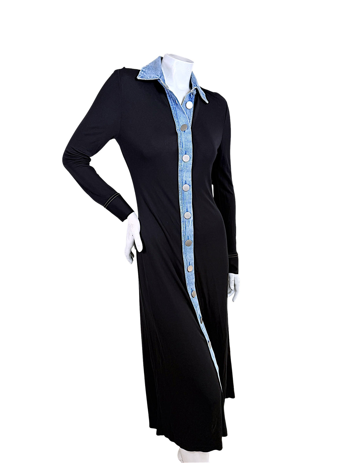Christopher Esber black denim-trim maxi dress with silver-tone front buttons, angled view