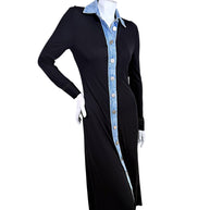 Christopher Esber black denim-trim maxi dress with silver-tone front buttons, angled view