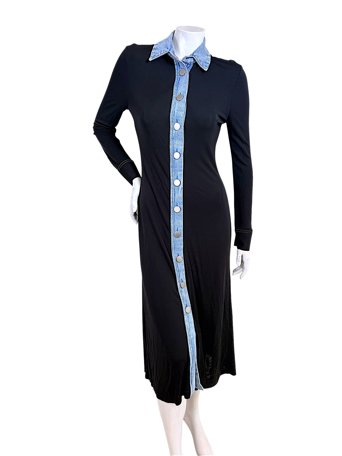 Christopher Esber black maxi dress with blue denim collar and button-front trim, front view