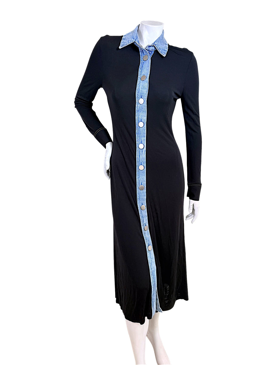 Christopher Esber black maxi dress with blue denim collar and button-front trim, front view