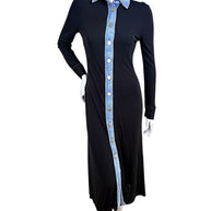 Christopher Esber black maxi dress with blue denim collar and button-front trim, front view