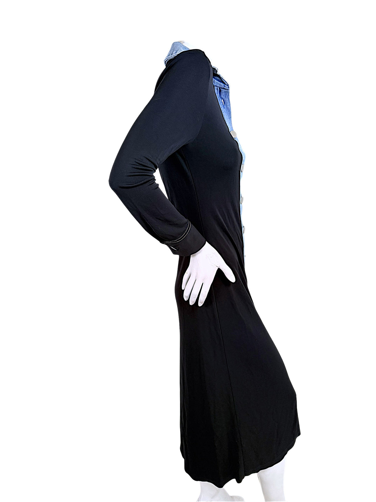 Side view of Christopher Esber black long sleeve maxi dress with contrast blue denim collar