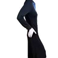 Side view of Christopher Esber black long sleeve maxi dress with contrast blue denim collar