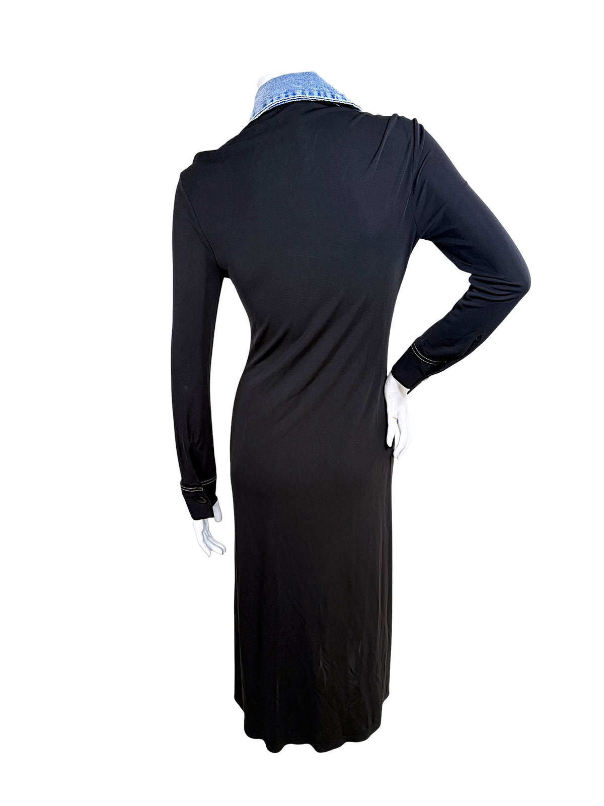Back view of Christopher Esber black long sleeve maxi dress with blue denim collar