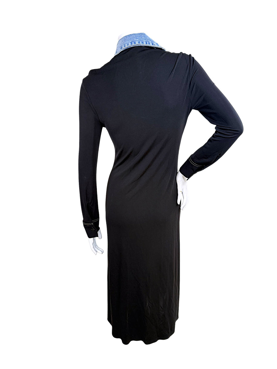 Back view of Christopher Esber black long sleeve maxi dress with blue denim collar
