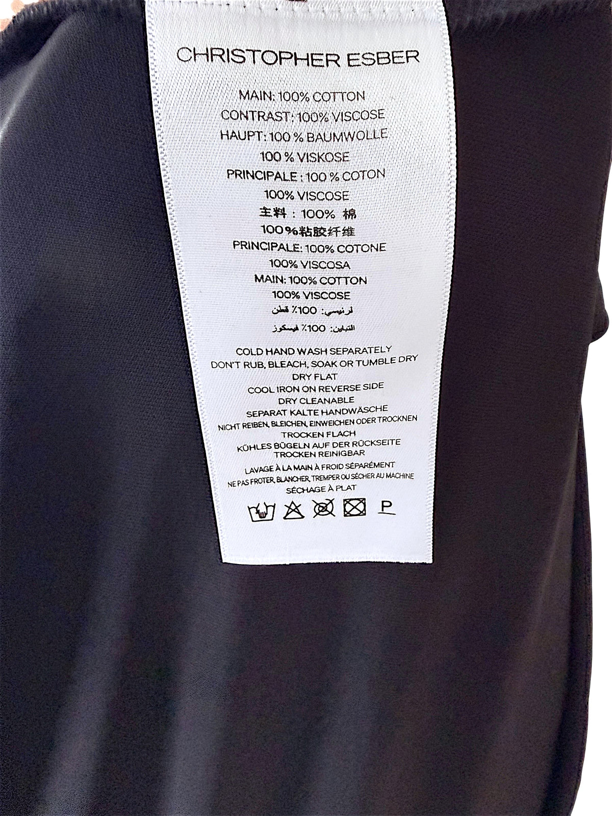 Christopher Esber black maxi dress composition and care label showing cotton and viscose fabrication