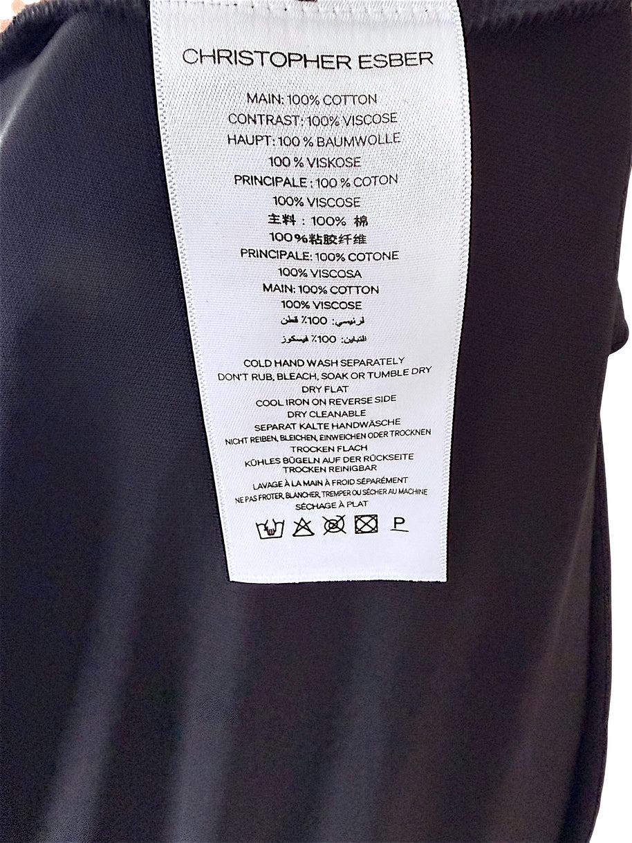 Christopher Esber black maxi dress composition and care label showing cotton and viscose fabrication