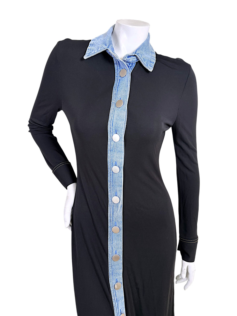 Christopher Esber black long sleeve maxi dress with denim collar, placket and silver-tone buttons