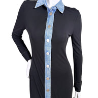 Christopher Esber black long sleeve maxi dress with denim collar, placket and silver-tone buttons
