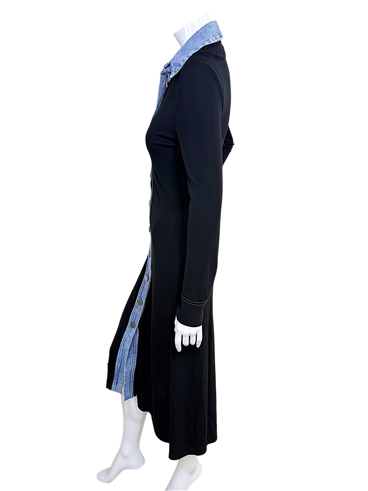 Side view of Christopher Esber black maxi shirtdress with blue denim button-front trim