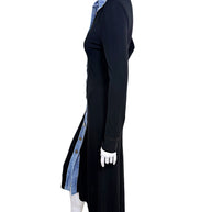 Side view of Christopher Esber black maxi shirtdress with blue denim button-front trim