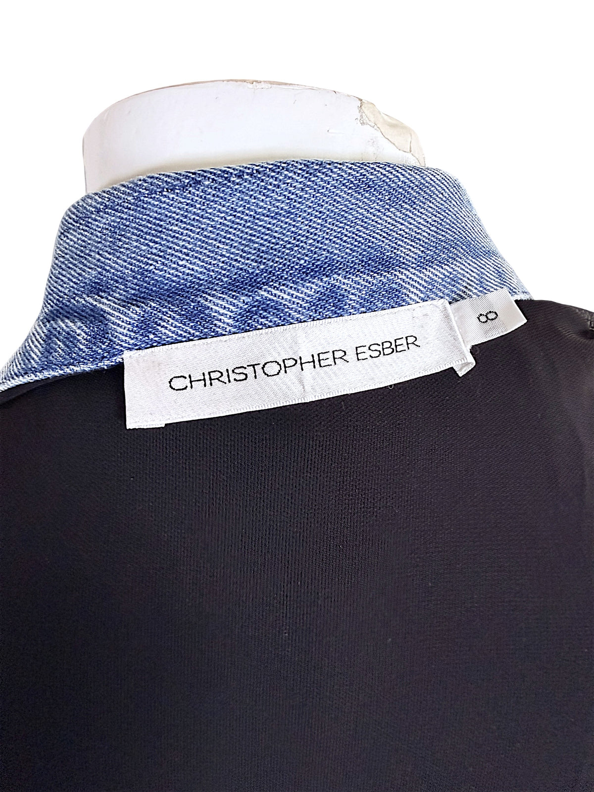 Christopher Esber designer label and size 8 tag inside black denim-trim maxi dress