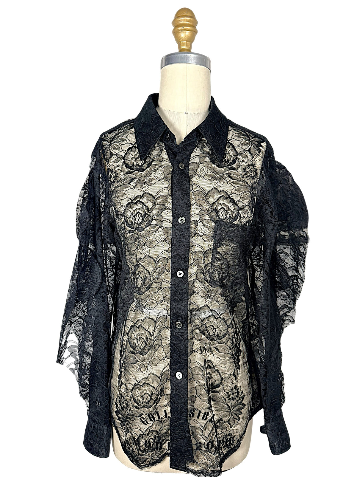 Comme des Garçons black sheer floral lace button-down shirt, front view on a US size 2 dress form showing floral pattern, collar and chest pocket.