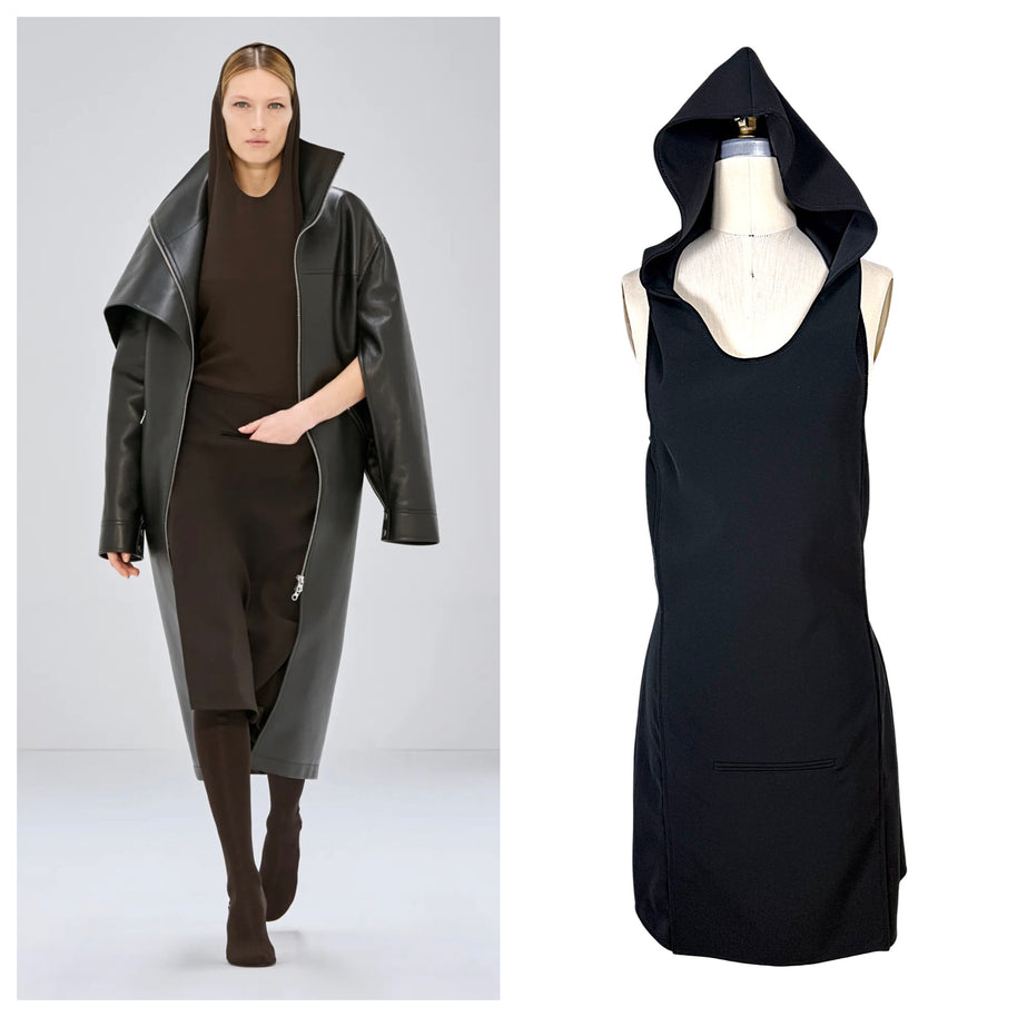 Side-by-side comparison of Courrèges Fall 2024 Ready-to-Wear Look 23 runway styling and black Oblique Space hooded mini dress on a mannequin.