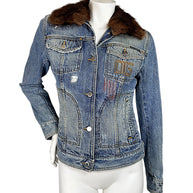 Front view of vintage Dolce & Gabbana fitted blue denim jacket with chocolate-brown fur collar, distressed wash, embroidered 05 motif, and branded buttons.