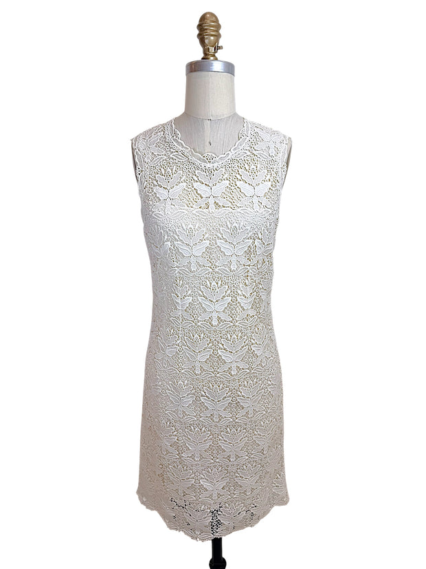 Emilio Pucci ivory lace knit dress front view sleeveless scalloped neckline Italian designer size IT 38 US 2 4