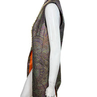 Opposite side view of Etro metallic paisley longline vest highlighting its open-front construction, sleeveless cut and orange lining.